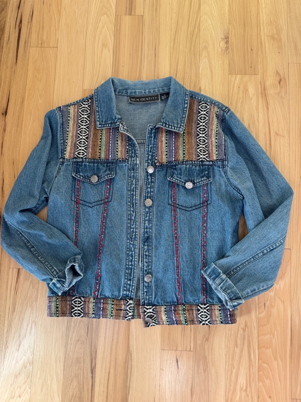 Women's Blue Denim Jacket w/  Multicolor Embroidered Trim boho hippie festival M